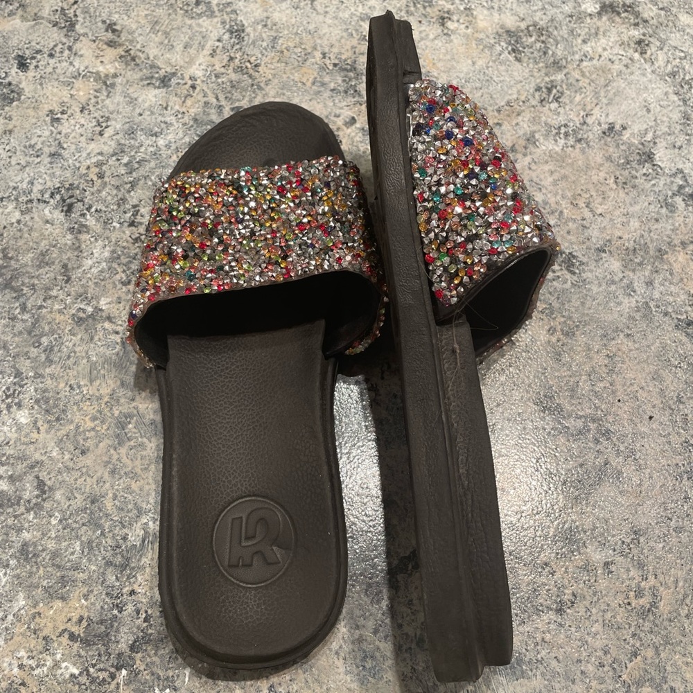 Womens multi-coloured glitter flip flops. Worn once. Perfect condition